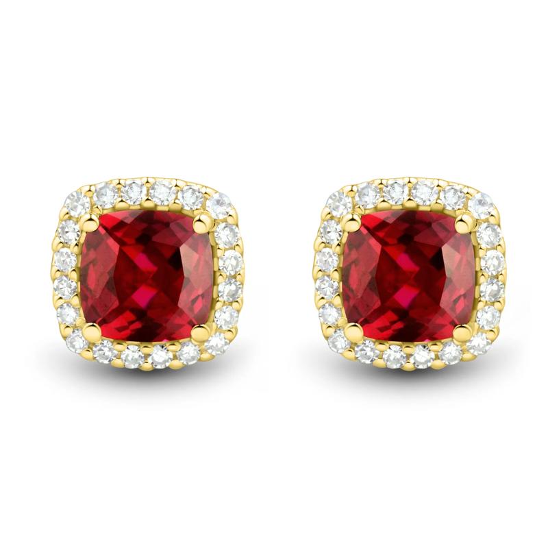 Lab-Created Cushion-Cut Ruby and Lab Grown Diamond Earrings in 10K Yellow Gold &#40;1/4 ct. tw.&#41; – Image 2 of 2