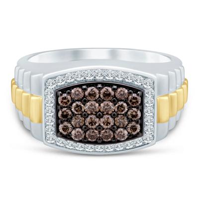 Men's Champagne and White Diamond Ring in 10K Yellow and White Gold (1 ct. tw.)