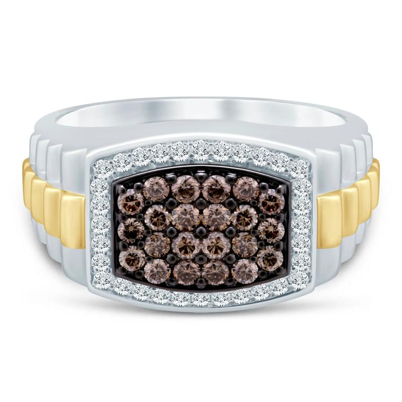 Men's Champagne and White Diamond Ring in 10K Yellow and White Gold (1 ct. tw.) – Image 1 of 3