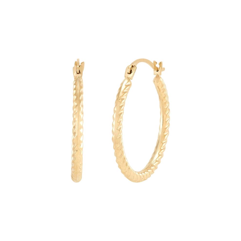 Polished Shrimp-Textured Hoop Earrings in 10K Yellow Gold, 20MM – Image 2 of 3