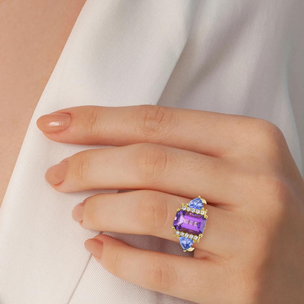 Tanzanite, Amethyst and Diamond Accent Ring in 10K Yellow Gold (1/7 ct. tw.) – Image 5 of 5