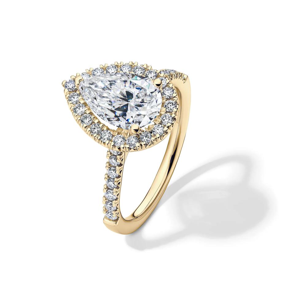 Lab-Created Moissanite Pear-Shaped Halo Ring in 10K Yellow Gold (2 1/2 ct. dew) – Image 4 of 4