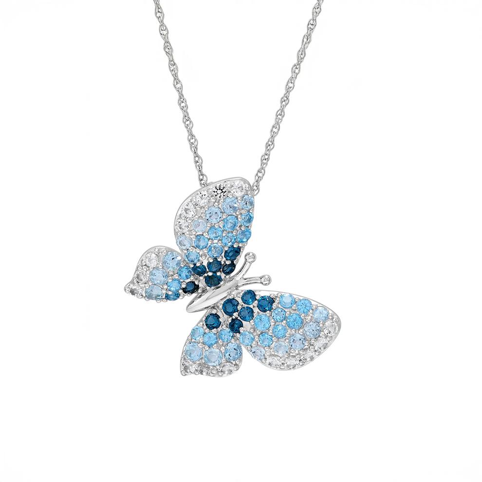 Shades of Blue Topaz Butterfly Pendant Necklace in 10K White Gold – Image 1 of 3