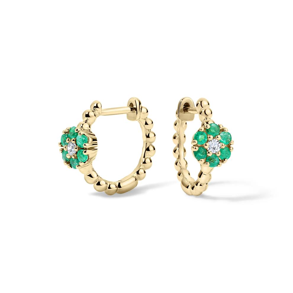 Emerald &amp; Diamond Accent Flower Hoop Earrings in 10K Yellow Gold – Image 1 of 2
