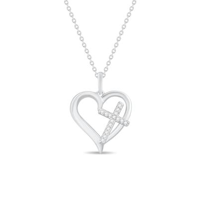 Diamond Accent Heart & Cross Pendant Necklace in Sterling Silver