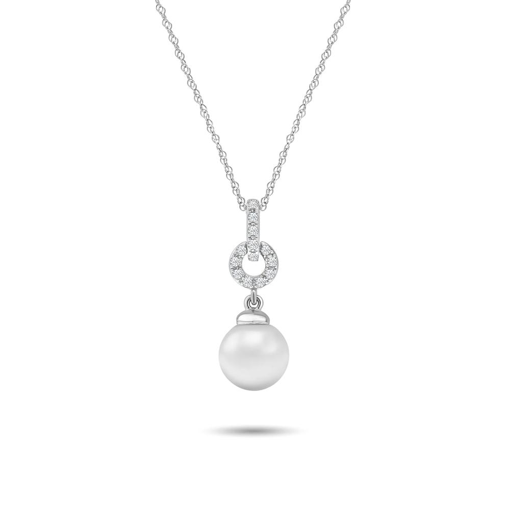 Freshwater Cultured Pearl &amp; Diamond Drop Pendant in 10K White Gold (1/10 ct. tw.) – Image 1 of 4
