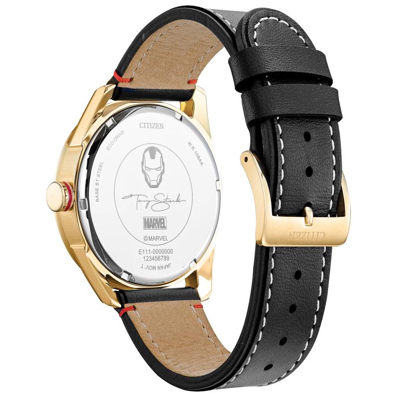 Men's Tony Stark Iron Man Watch in Black Leather and Gold-Tone Stainless Steel, 43MM – Image 3 of 3