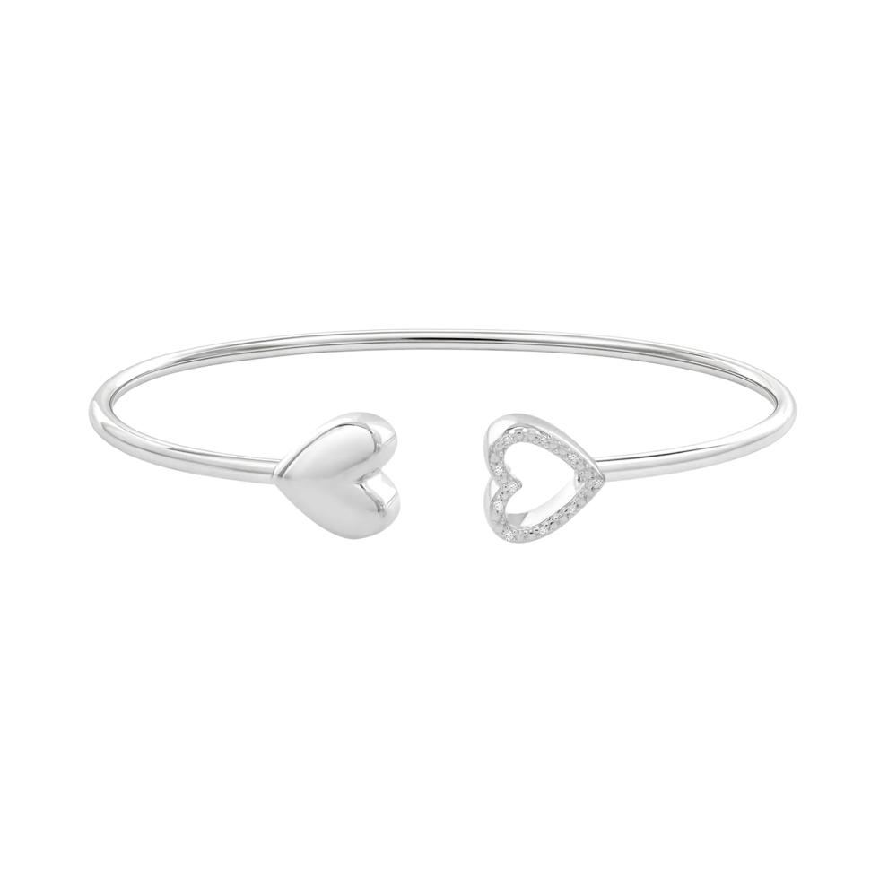 Diamond Accent Double Heart Open Cuff Bangle Bracelet in Sterling Silver – Image 1 of 2