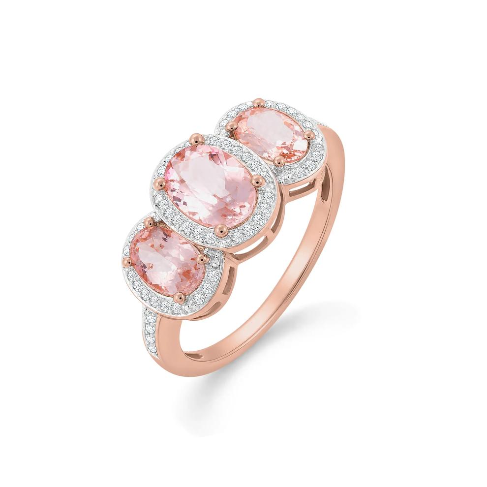 Morganite &amp; Diamond Three-Stone Halo Ring in 10K Rose Gold (1/10 ct. tw.) – Image 4 of 4