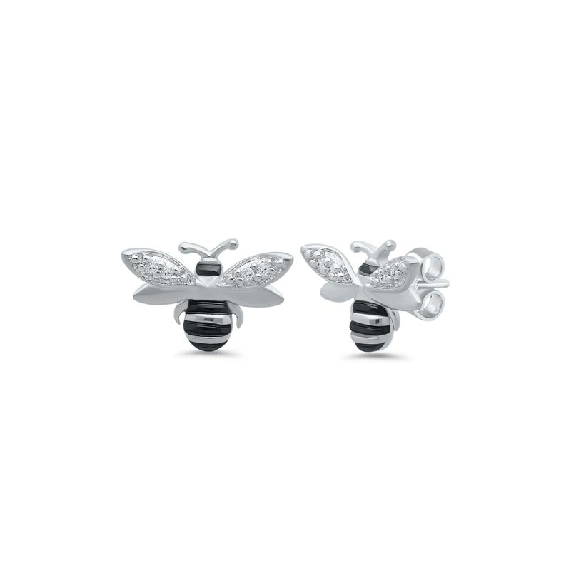 Bee Stud Earrings with Diamond Accents in Sterling Silver – Image 1 of 1