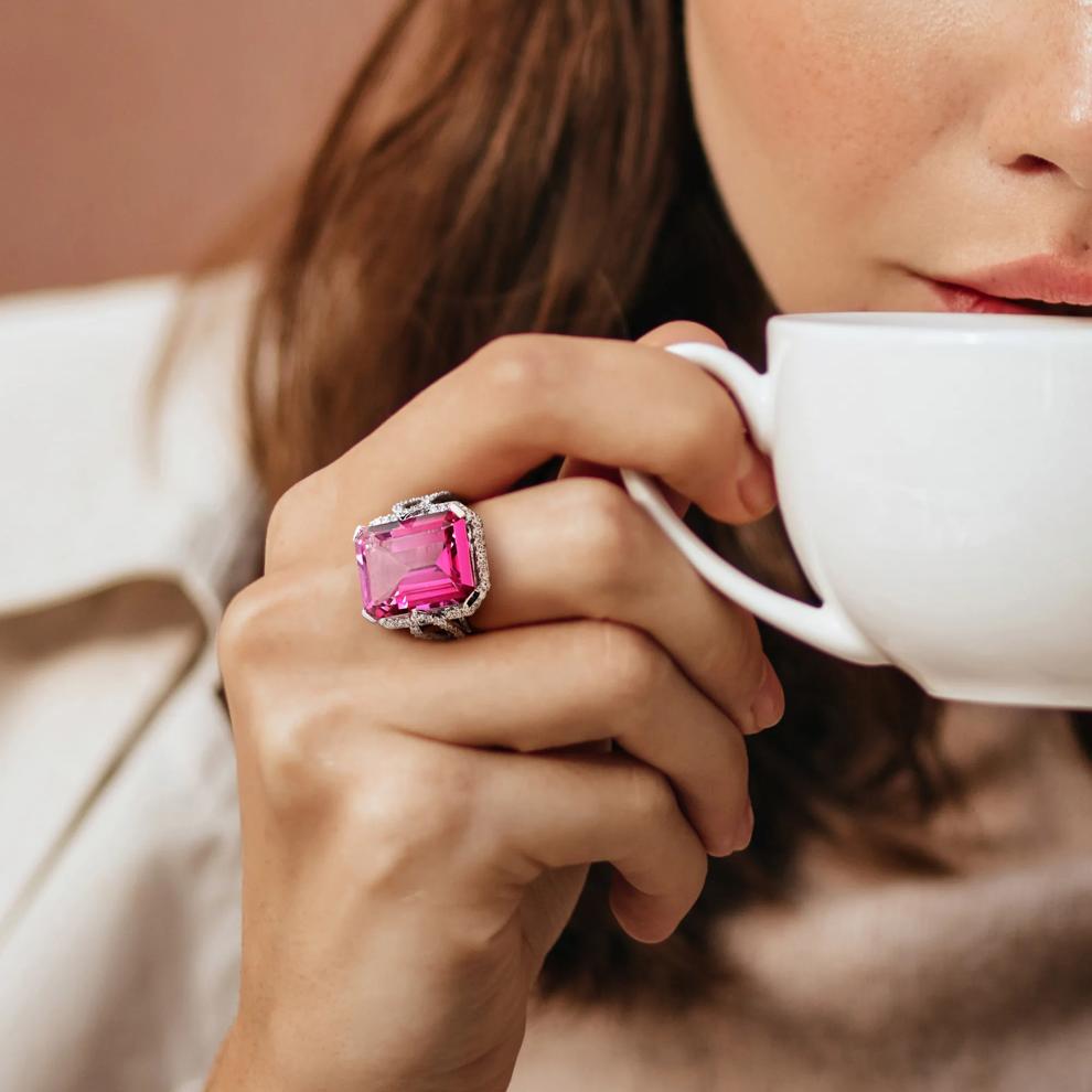 Pink Topaz and Diamond Ring in 14K White Gold (1/2 ct. tw.) – Image 6 of 8