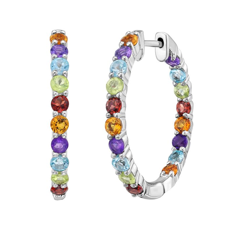 Multi-Gemstone Hoop Earrings in Sterling Silver – Image 1 of 2