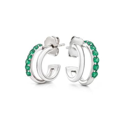 Lab-Created Emerald Double Row Huggie Hoop Earrings in Sterling Silver