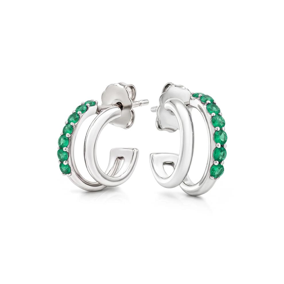 Lab-Created Emerald Double Row Huggie Hoop Earrings in Sterling Silver – Image 1 of 2