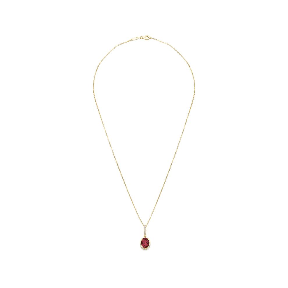 Garnet &amp; Diamond Round Disc Drop Pendant Necklace in 10K Yellow Gold (1/10 ct. tw.) – Image 3 of 4