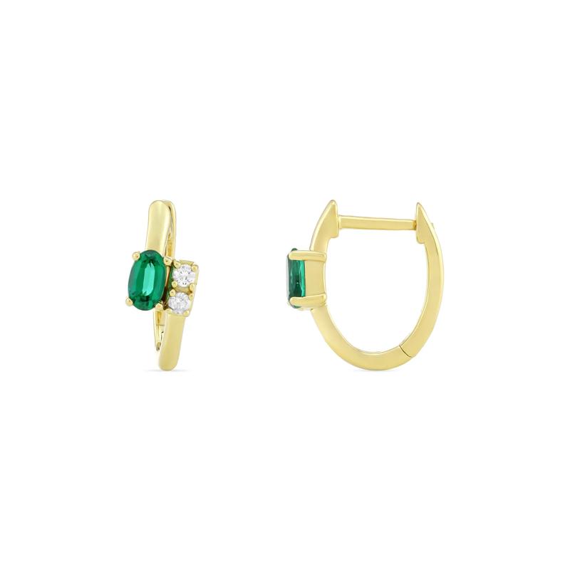 Lab-Created Emerald and Diamond Accent Huggie Hoops in 10K Yellow Gold – Image 2 of 2