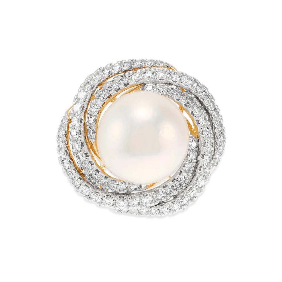 Freshwater Cultured Pearl &amp; Diamond Twisted Halo Ring in 14K Yellow Gold (3/4 ct. tw.) – Image 1 of 4