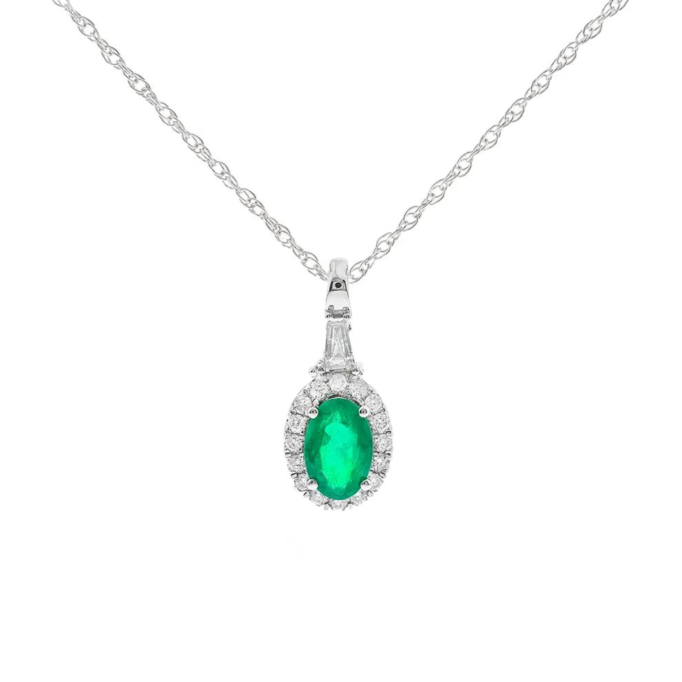 Oval Emerald &amp; Diamond Pendant in 10K White Gold (1/7 ct. tw.) – Image 1 of 2