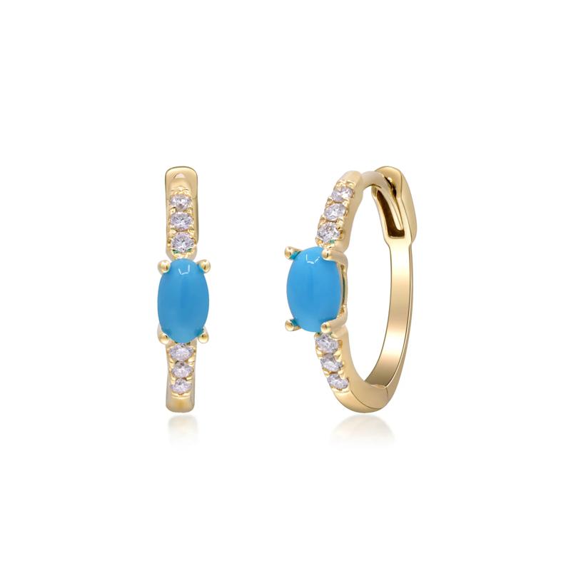 Turquoise and Diamond Huggie Hoop Earrings in 10K Yellow Gold &#40;1/8 ct. tw.&#41; – Image 1 of 3