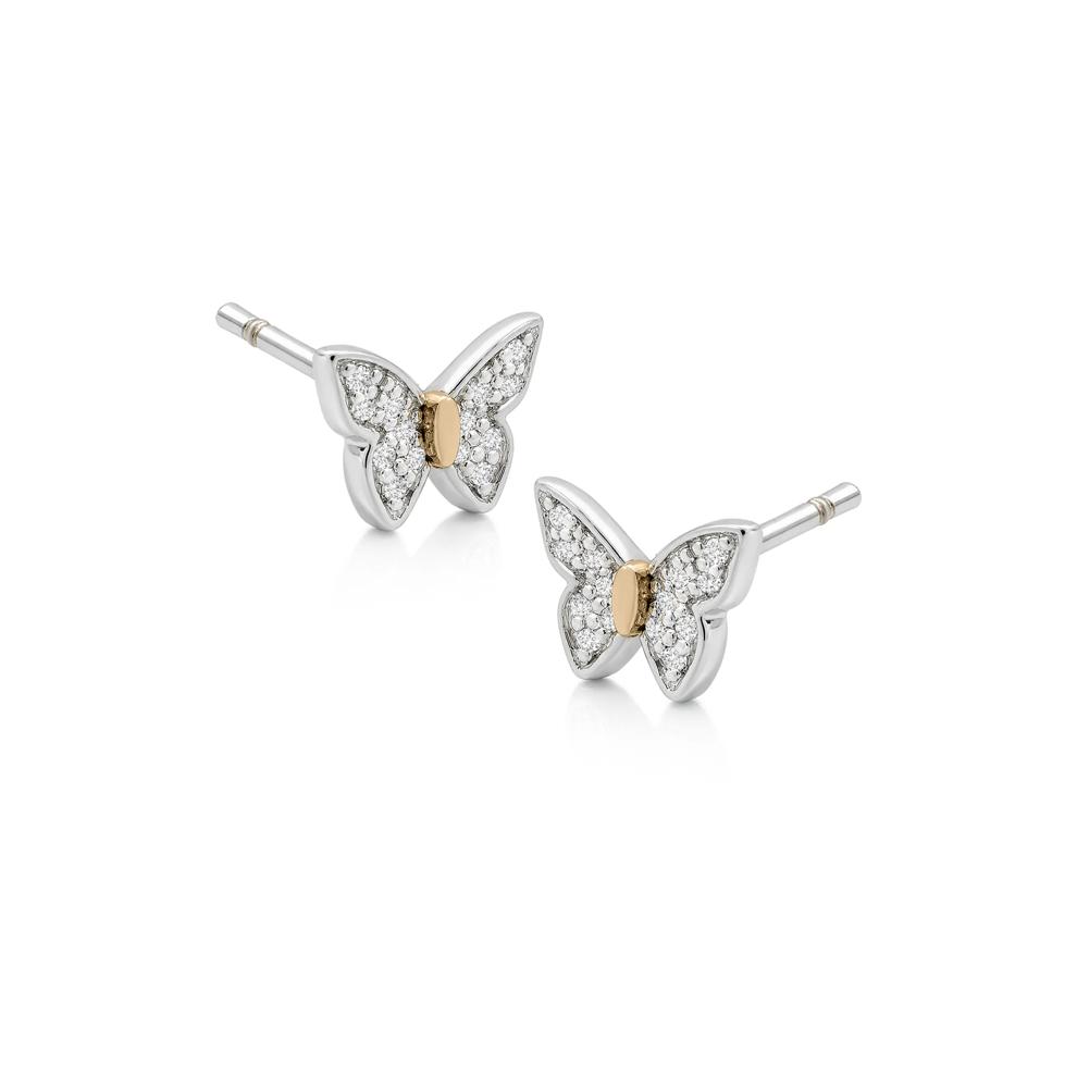 Diamond Accent Butterfly Stud Earrings in 10K White &amp; Yellow Gold – Image 1 of 2