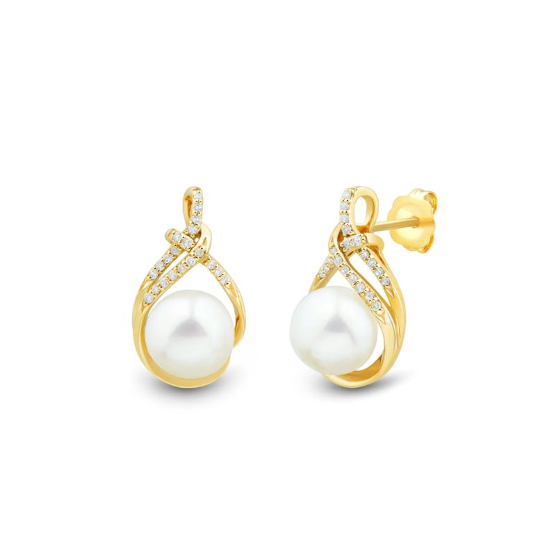 Button Freshwater Cultured Pearl and Diamond Earrings in 10K Yellow Gold &#40;1/10 ct. tw.&#41; – Image 1 of 2