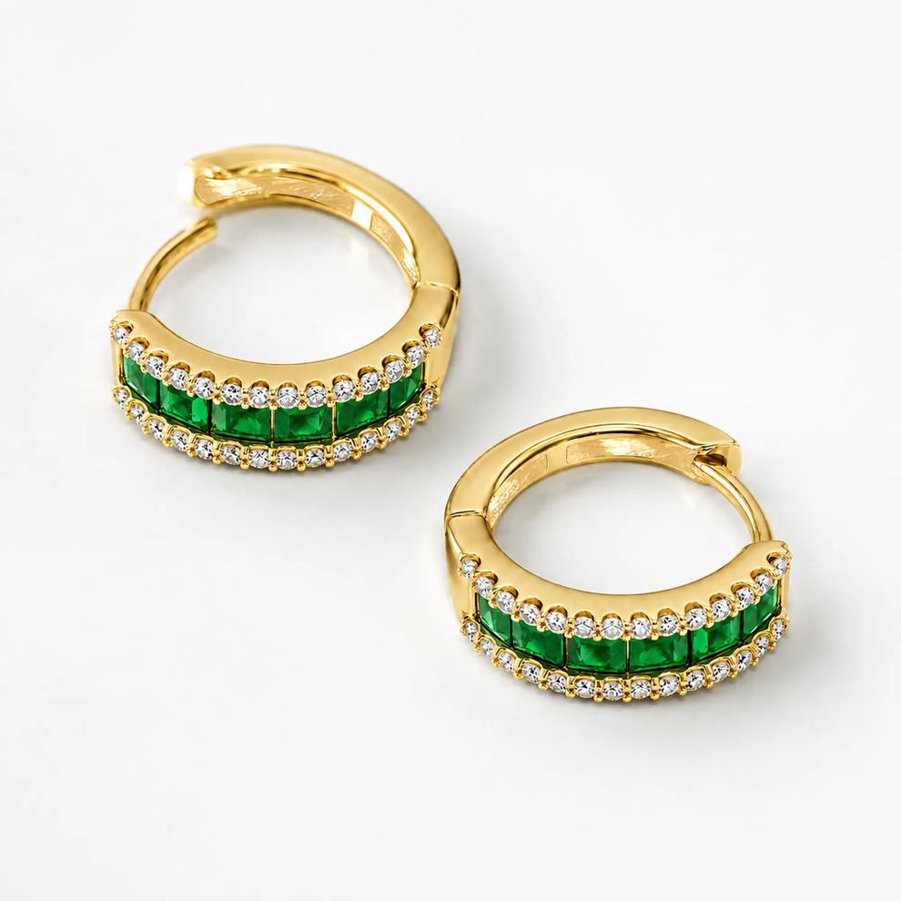 Emerald &amp; Diamond Hoop Earrings in 10K Yellow Gold (1/4 ct. tw.) – Image 2 of 2