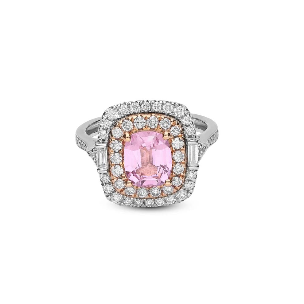 Peach Spinel &amp; Diamond Double Halo Ring in 18K White &amp; Rose Gold (5/8 ct. tw.) – Image 1 of 5