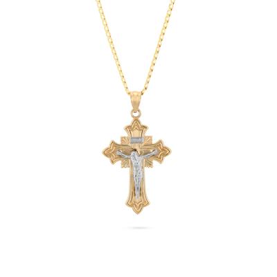 Crucifix Pendant Curb Chain Necklace in 10K Yellow & White Gold