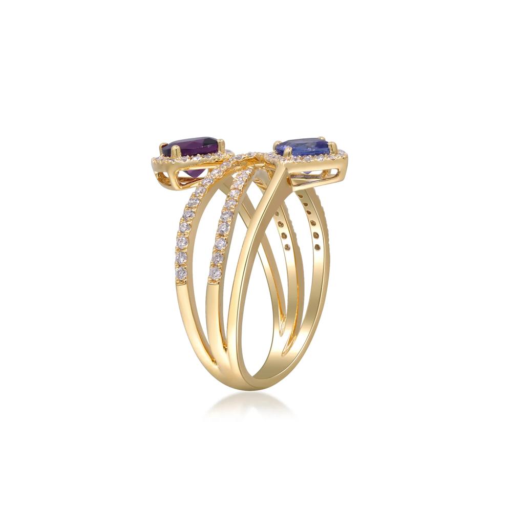 Tanzanite, Rhodolite Garnet and Diamond Ring in 14K Yellow Gold (3/8 ct. tw.) – Image 3 of 4