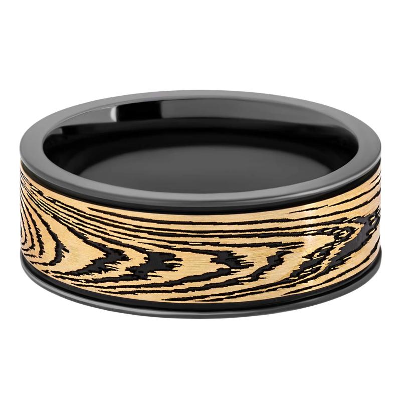 Men&#39;s Woodgrain Pattern Band in Zirconium and 14K Yellow Gold – Image 1 of 3