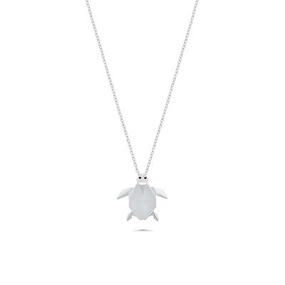 Black Diamond Accent Origami Turtle Pendant Necklace in Sterling Silver