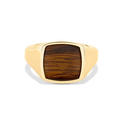Men's Thin-Style Band with Desert Iron Wood Inlay Signet Ring in 10K Yellow Gold