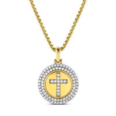Men's Lab Grown Diamond Cross Coin Pendant Necklace in 10K Yellow Gold (3/4 ct. tw.)