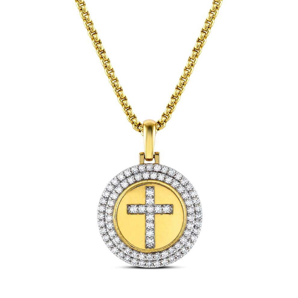 Men's Lab Grown Diamond Cross Coin Pendant Necklace in 10K Yellow Gold (3/4 ct. tw.) – Image 1 of 3