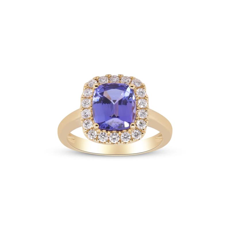 Tanzanite and Diamond Cushion Halo Ring in 18K Yellow Gold &#40;3/8 ct. tw.&#41; – Image 1 of 4