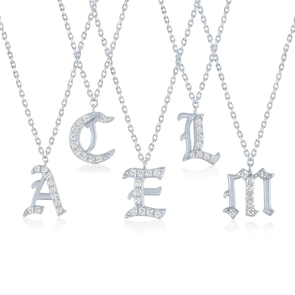 Diamond Accent Gothic Script O Initial Pendant in Sterling Silver – Image 2 of 3