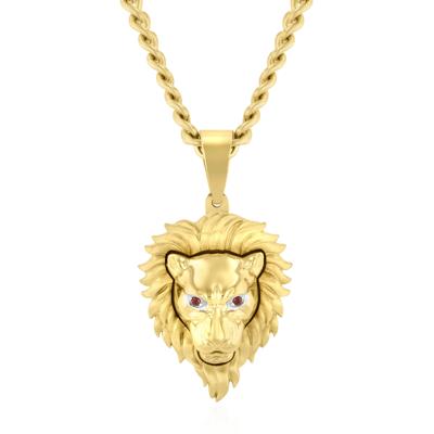 Men's Lion's Head with Garnet Eyes Pendant Necklace in Yellow Ion-Plated Stainless Steel