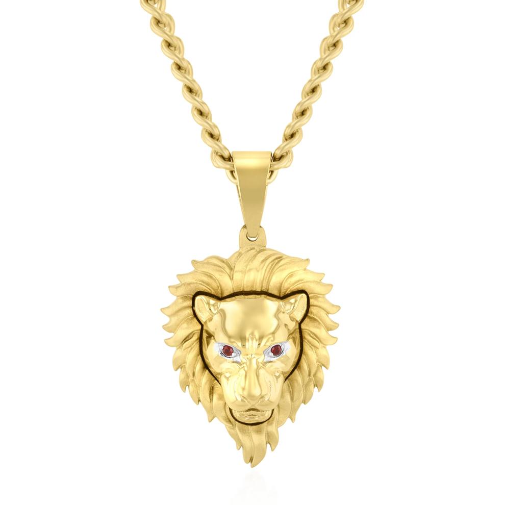 Men's Lion's Head with Garnet Eyes Pendant Necklace in Yellow Ion-Plated Stainless Steel – Image 1 of 3