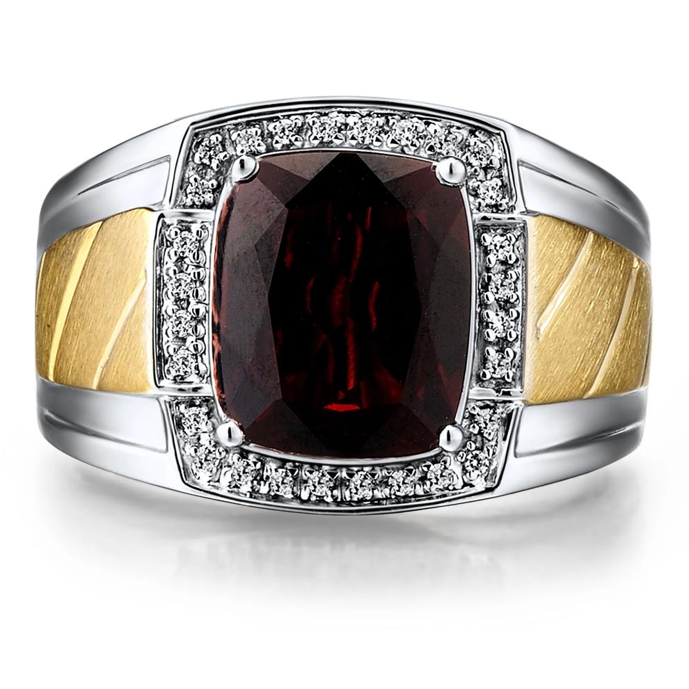 Men&rsquo;s Garnet and Diamond Accent Ring in 10K Yellow and White Gold – Image 1 of 3