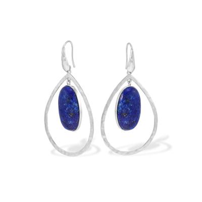 Blue Lapis Hammered Open Dangle Teardrop Earrings in Sterling Silver