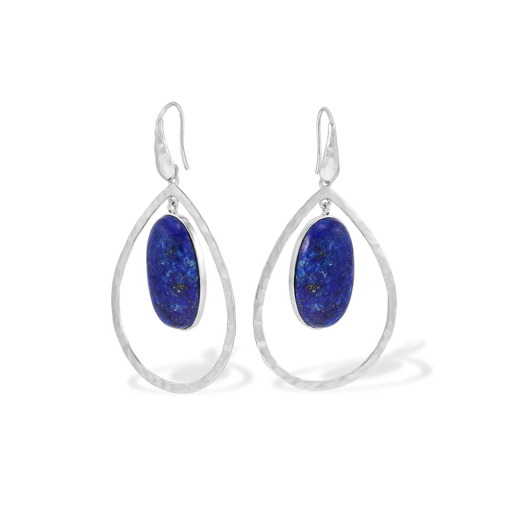 Blue Lapis Hammered Open Dangle Teardrop Earrings in Sterling Silver – Image 1 of 2