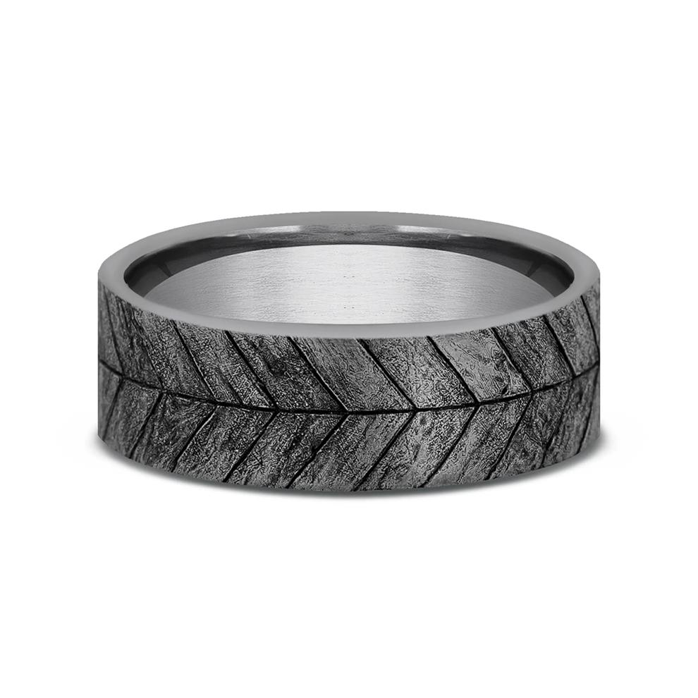 Men&rsquo;s Chevron Wood Wedding Band in Gray Tantalum, 7MM – Image 1 of 3