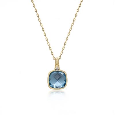 Swiss Blue Topaz Cushion & Diamond Accent Pendant Necklace in 10K Yellow Gold