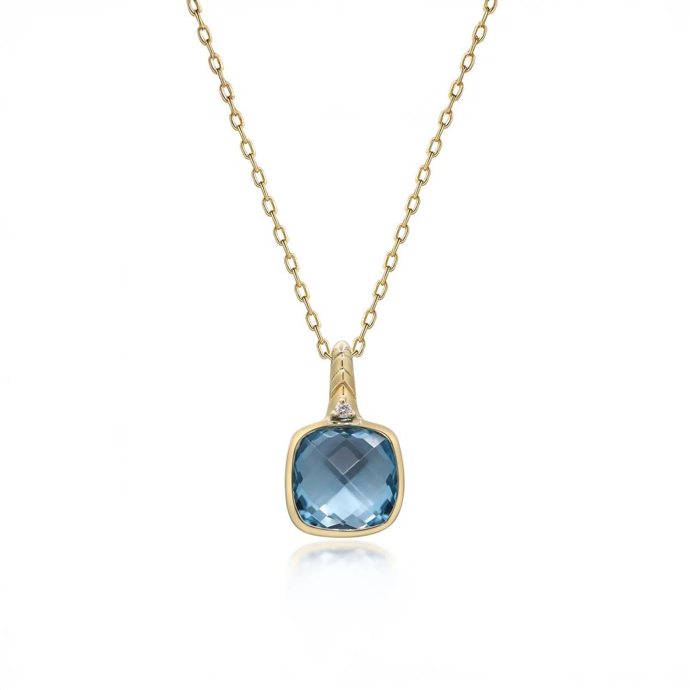 Swiss Blue Topaz Cushion &amp; Diamond Accent Pendant Necklace in 10K Yellow Gold – Image 1 of 3