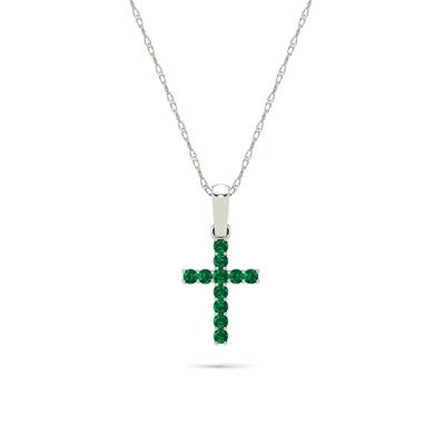 Emerald Cross Pendant Necklace in 10K White Gold
