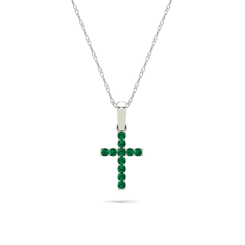 Emerald Cross Pendant Necklace in 10K White Gold – Image 1 of 4