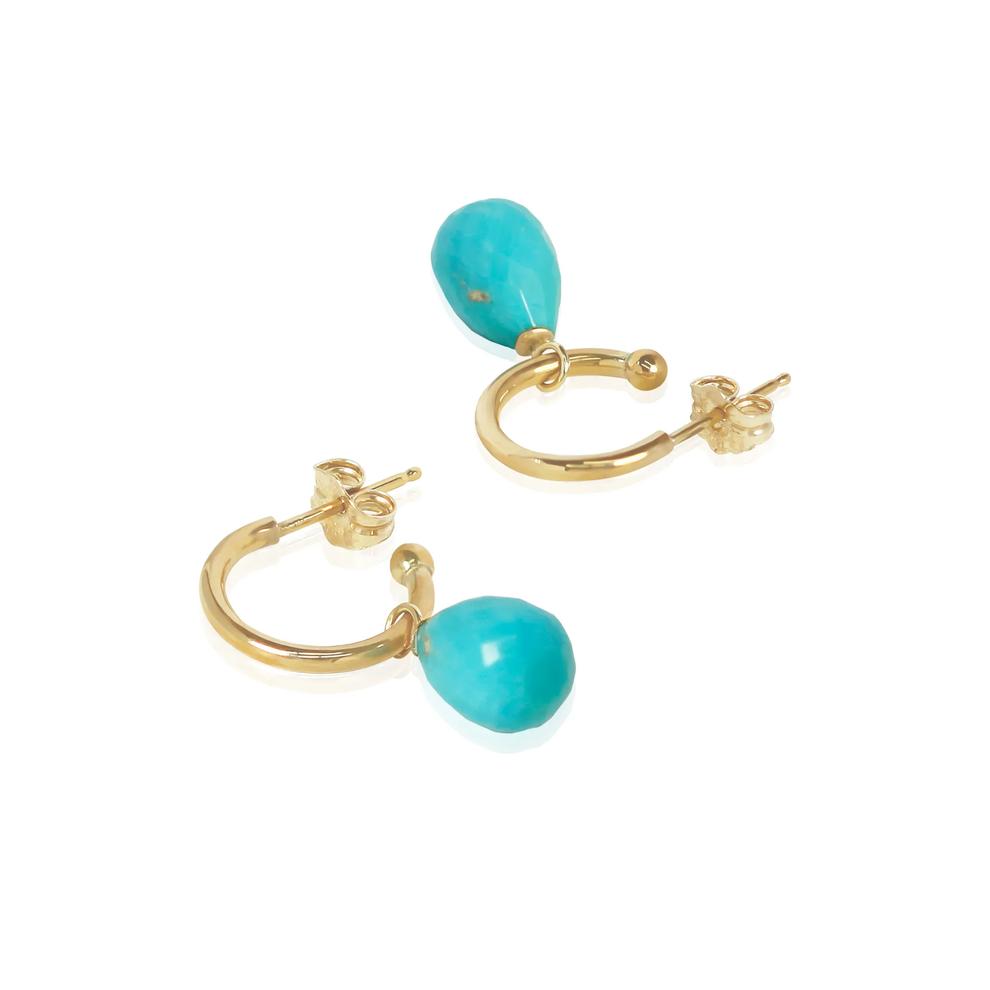 Teardrop Briolette Turquoise Hoop Earrings in 14K Yellow Gold, 23mm – Image 2 of 2