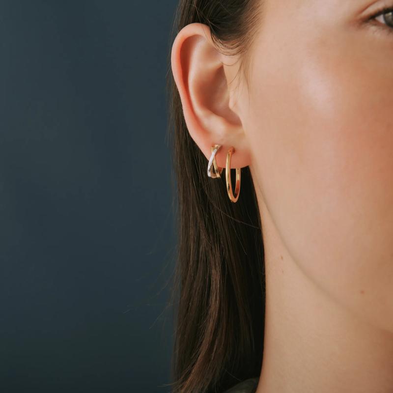 Two-Tone Huggie Hoop &#39;X&#39; Earrings in Sterling Silver and Vermeil 13MM – Image 2 of 3