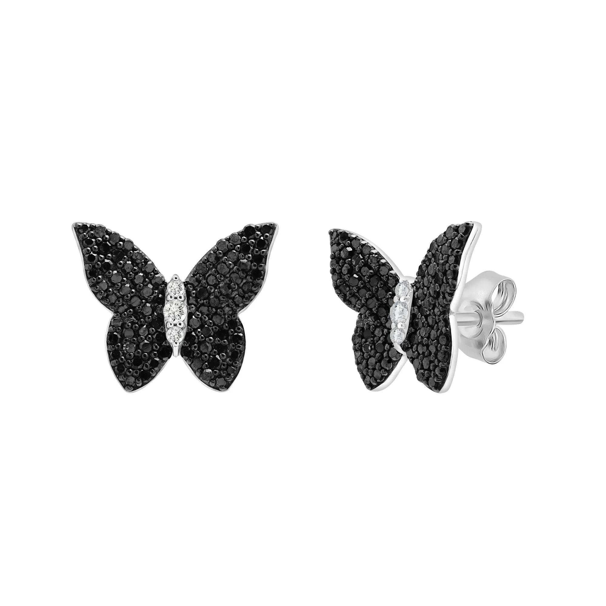 Black & White Diamond Butterfly Earrings in Sterling Silver