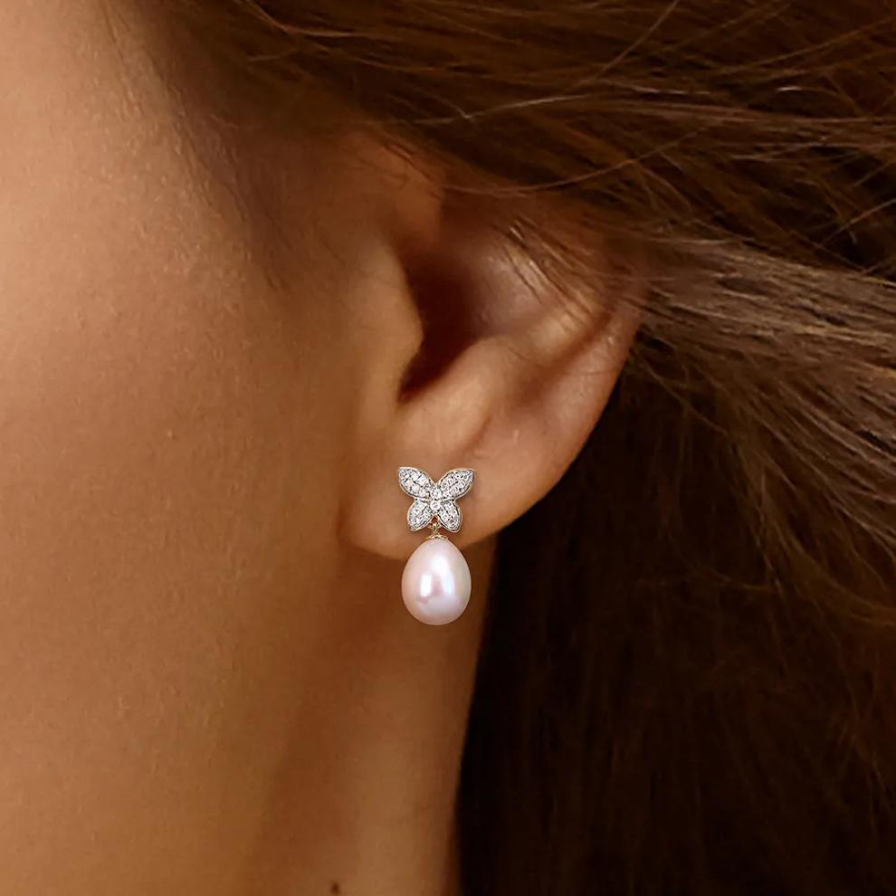 Cultured Freshwater Pearl Earrings with Diamond Butterflies in 10K Yellow Gold (1/8 ct. tw.) – Image 4 of 4